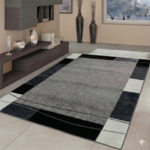 Taracarpet Moderner Kurzflor Designer-Teppich für Wohnzimmer Schlafzimmer und Kinderzimmer Bordüre Grau 120x160 cm