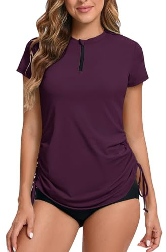 UV Shirt Damen Wasser 1/4 Reißverschluss Schwimmshirt Rashguard Damen Badeshirt Kurzarm Schwimm Tshirt Verstellbarer Saum UPF 50+ Fuchsie L