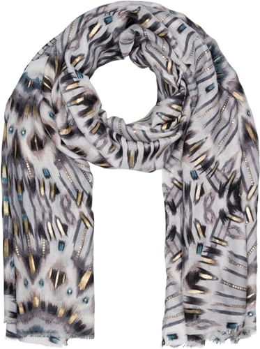 styleBREAKER Sciarpa donna con motivo Batik Shibori con strisce metalliche, leggera sciarpa etnica con frange corte 01016228, colore:Grigio-nero