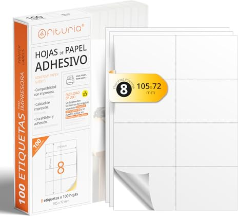 A4-Bögen mit weißen selbstklebenden Etiketten, Erstellen Sie Ihre eigenen individuellen, Sicherer selbstklebender A4-Papier, Selbstklebendes Etikett zum Bedrucken - Ofituria (8 pro Blatt, 100 Bögen)