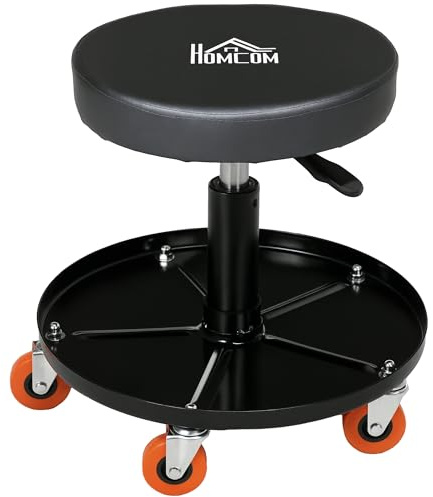 HOMCOM Rolling Mechanic Stool, Workshop Stool with Pneumatic Adjustable Height, 360 Degree Swivel, Padded Seat, Tool Tray, for Garage, Workshop, Auto Repair, Black