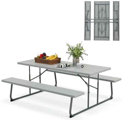 GIANTEX Bierzeltgarnitur, Klapptisch mit 2 Bänken, Faltbarer Campingtisch Set 183 x 73 cm, Picknicktisch aus Metall, Gartentisch Wetterfest für Terrasse & Balkon (Grau)