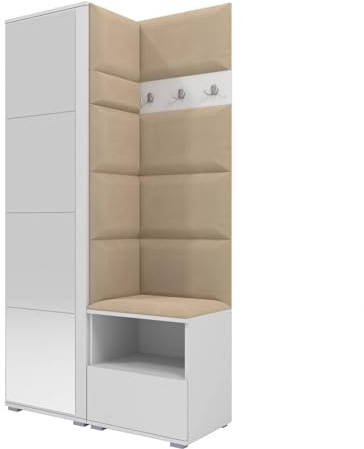 RAVIO Flurgarderobe 100 cm mit Kleiderschrank & Spiegel, Garderobenset Flur mit Schuhschrank, Sitzbank, Garderobenpaneel, Wandpolster & Push to Open Türen - Weiß/Wandpaneel Beige