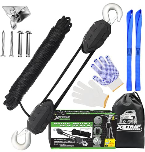 XSTRAP STANDARD 50 Feet Rope Hoist, Heavy-Duty 2000LB Wheel Block and Tackle Pulley System for Lifting Heavy Objects with Work Gloves, 2pcs Soft Loops, 1 Swing Hanger for Garage Warehouse