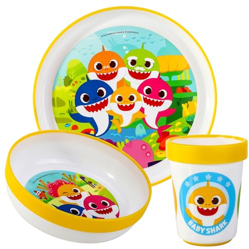 Baby Shark Juego de 3 vajillas reutilizables bicolor prémium para niños, plato, cuenco y vaso, sin BPA