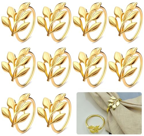 LINGJIA 10 Stück Napkin Rings, Serviettenklammern, Serviettenringe in Gold, Roségold, Hohle, Blattform, für Geburtstage, Party (Gold, 1)