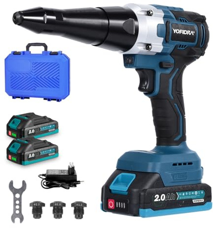 Yofidra Cordless Rivet Gun,2-in-1 Brushless Rivet Gun with 2x2.0Ah Batteries, 20,000N Electric Rivet Tool with LED Light, Portable Rivet Nut Gun Kit for Steel & Aluminium Rivets for 2.4-5.0mm