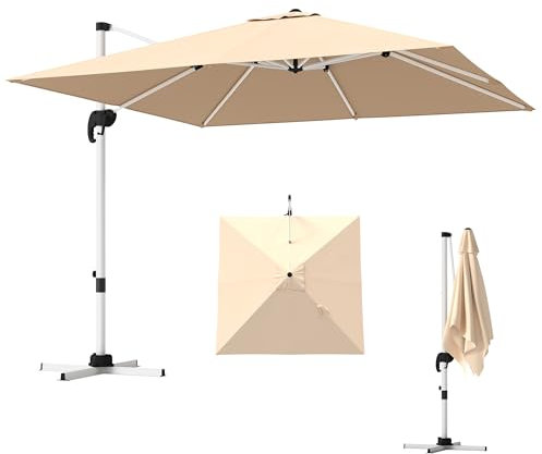 Outsunny Ombrellone da Giardino a Manovella 3x3m Inclinabile su 5 Livelli, Ombrellone Decentrato a Braccio con Base a Croce Girevole a 360° e Presa d'Aria, in Poliestere, Alluminio, UV50+, Cachi