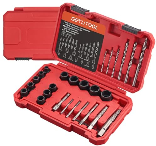 GETLITOOL Juego de 27 piezas de extractor de pernos y tuercas de impacto, juego de extractores de pernos Cr-MO con estuche de almacenamiento, incluye extractores, taladros giratorios, extractores de