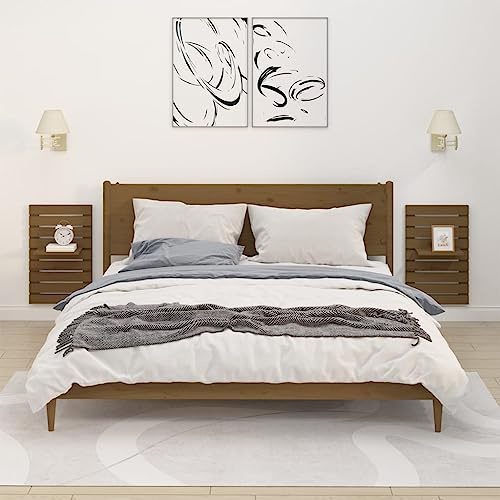 HaoChrymec Tables de Chevet Murales with Pin Massif, Design Modulable, Chevet Suspendu, Étagère Murale avec Tiroir, pour Chambre, Marron Miel, 40 x 17.5 x 63 cm (Set de 2)