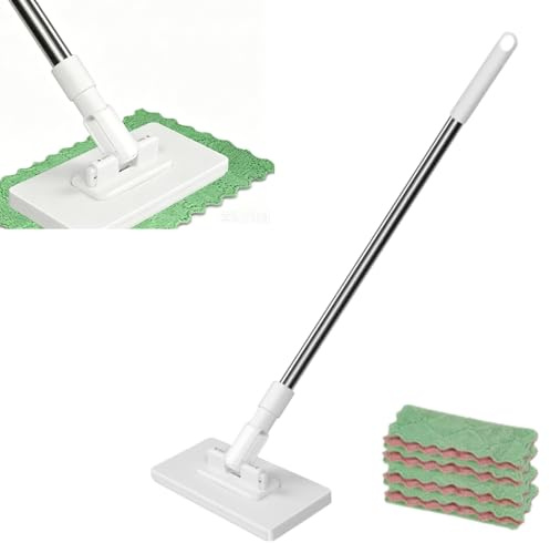 Uadme Wischmopp mit Druck-Klemm System,Bodenwischer mit Mop Pads 4 Lappen,Automatisches Klemmtuch,EIN Knopf zum Wechseln,für die Bodenreinigung(16x8,5cm)