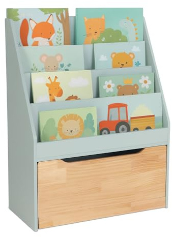 Relaxdays Bücherregal Kinder, HxBxT: 80x60x30 cm, türkis/Natur | 4 Bücherfächer, Spielzeugkiste mit Rollen, Kinderregal