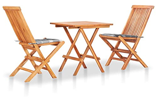 JHQHSM 3-TLG. Bistro-Set mit Kissen Grau Karomuster Massivholz Teak, Klappbarer Gartentisch und Stühle für Terrasse, Langlebige Outdoor Möbel