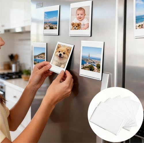 6 Pack Magnetic Photo Frames for Fridge - Strong Magnet Picture Holders with PVC Protector, White Rectangular Frames for Instax Mini/Polaroid Photos (9.2x6.35cm)
