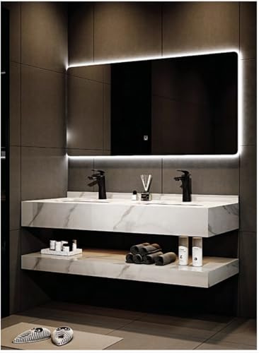 Générique Pack Meuble Double Vasque 120cm Blanc Effet marbre en Ceramique avec Miroir LED 120 cm