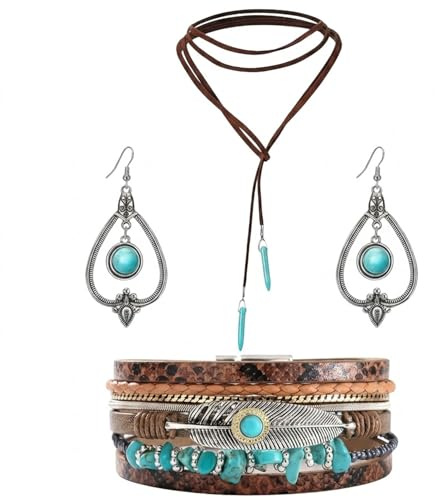 3 Piece Bohemian Turquoise Jewelry Set, Necklace and Earrings, Green