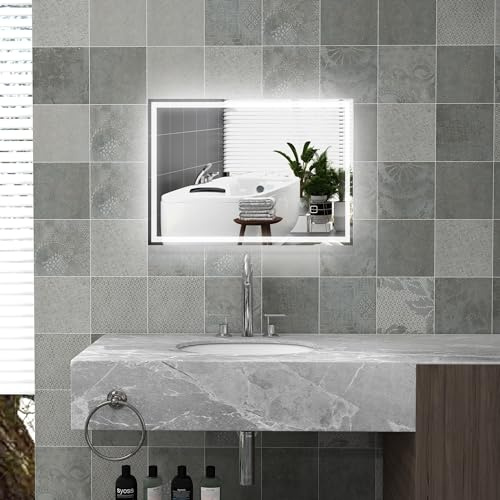HOMCOM 32 x 24'' LED Illuminated Bathroom Mirror, Wall Mounted Vanity Mirror with Dimmable Memory Touch, Waterproof, Horizontally or Vertically, Silver