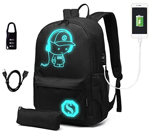 KONO Schulrucksack Unisex Teenager mit Fluoreszierendem Muster, Leicht & Wasserdicht für Schule, Reise (30x17x48cm) (Schwarz)