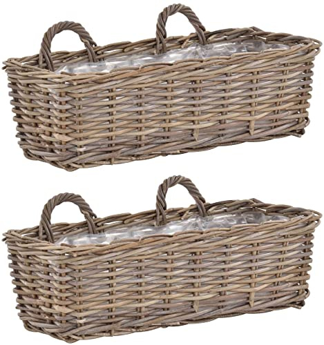 Set / 2 Rattan Balkonkorb Grau Pflanzkorb mit Folie Balkonkasten zum Aufhängen Pflanz-Topf Wand Korb Balkon (60cm)