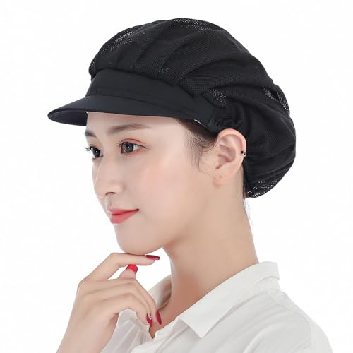 POFET 2 Stück Chef Waiter Mesh/Cotton Cap Restaurant Küche Werkstatt Haarnetz Kühlung Wiederverwendbare Bouffant Einstellbare Food Service Haar Hut Schutz Snoods - Schwarz
