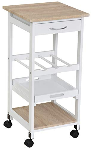 HOMCOM Carrito de Cocina Carro de Servicio de 4 Niveles con Ruedas Cajón Estantes Botellero Almacenaje para Cocina Sala de Estar Comedor 37x37x76 cm Blanco