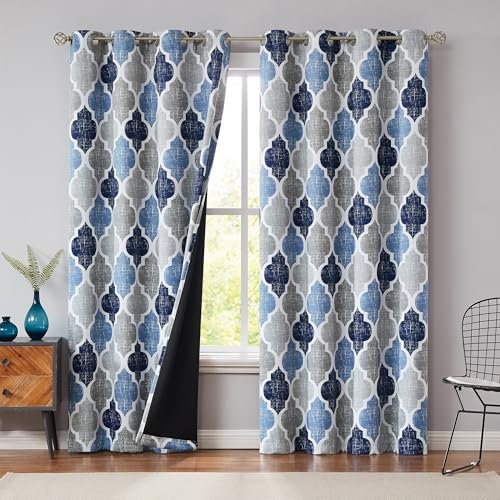 Beauoop Blue Grey Blackout Curtains for Bedroom 72 Inch Drop Geometric Curtains Lattice Moroccan Print Room Darkening Thermal Insulated Energy Efficient Window Curtain Drapes 2 Panels