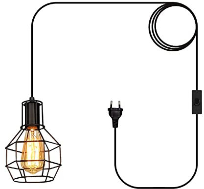 Industrielle Hängelampe mit Stecker Retro Pendellampe Metall Käfig Hängeleuchte Schwarz Rustikale Deckenleuchte E27 Lampefassung 600cm Netzkabel für Wohnzimmer Schlafzimmer(Ohne Glühbirne)