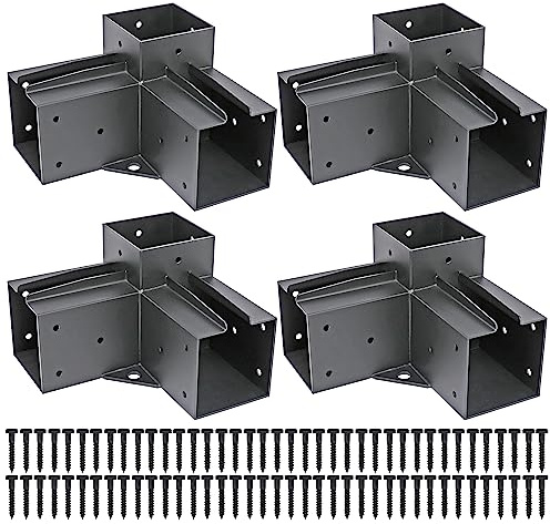Antsky Staffa ad angolo retto a 3 vie in acciaio inossidabile per pergolato con viti per travi in legno, pergola/gazebo da 10,2 x 10,2 cm (attuale: 8,9 x 8,9 cm), kit da 4 pezzi