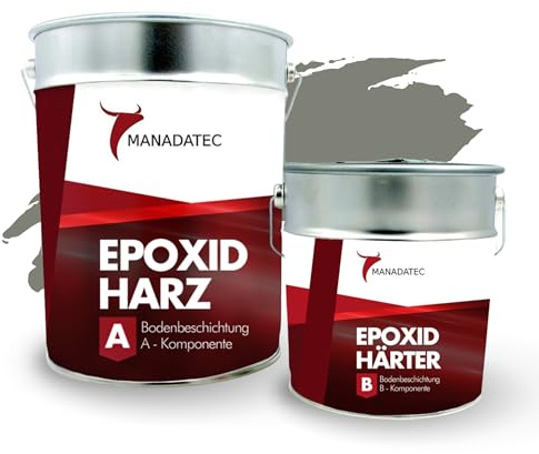 MANADATEC 2k Epoxidharz Bodenbeschichtung 5kg I RAL 7023 Betongrau I Abriebfest, lösemittelfrei, geruchsneutral I Garagenbodenbeschichtung I Epoxy Bodenbeschichtung Garage I Keller Epoxidharz Boden