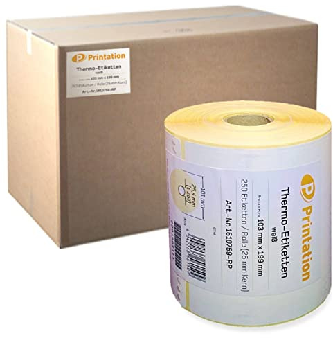 Printation Versandetiketten 103 x 199 mm weiß DHL, DPD, GLS, UPS - 9000 103x199 Labels - 250 Thermo-Etiketten pro Rolle - Thermodirekt permanent Paketaufkleber - 1 Zoll / 25mm Kern - 910-300-600