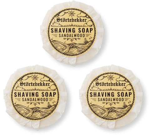 Störtebekker® Premium Rasierseife Sandelholz 70g x 3 - Handgefertigte Seife für ergiebigen Rasierschaum - Perfekt für die Rasur mit Rasierhobel & Rasiermesser - Vegane Rasierseife Damen & Herren