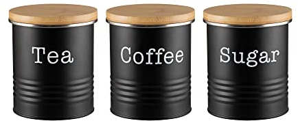 EHC Tea Sugar Coffee Canisters, Set of 3 Tea Sugar Coffee Containers Set, Storage Jars With lids Airtight, Black
