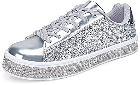 UUBARIS Dam glitter tennissneakers neon dressy glittrande sneakers strass bling bröllop brudskor glänsande paljettskor, Rosa glitter, 43 EU
