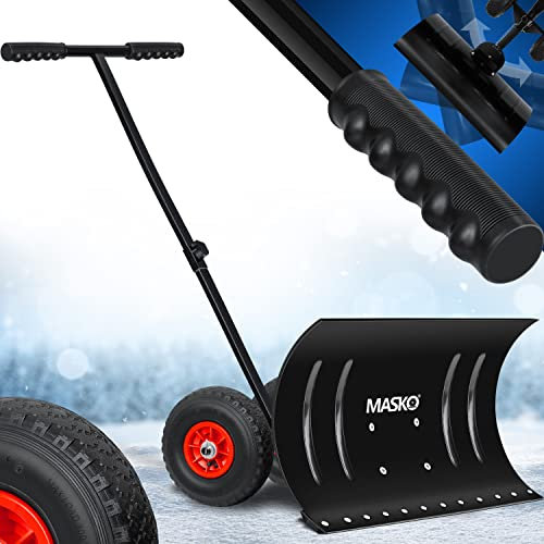 Masko Schneeschaufel auf Rädern höhenverstellbar - 5-Fach Schneeräumen, rückenschonender Schneeschieber, Schneeschild 75 cm Arbeitsbreite-Höhe 42, platzsparend zusammenklappbar, Schwarz
