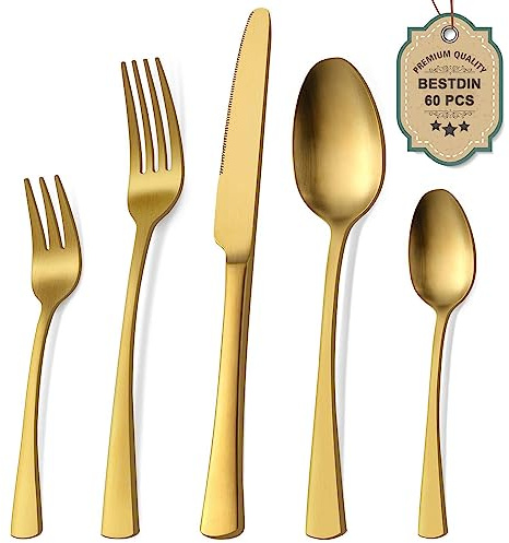 Bestdin Juego de cubiertos 60 piezas, set de cubiertos dorado mate para 12 personas, cubiertos de acero inoxidable pulido a espejo, juego de cuchillo, tenedor, cuchara, apto para lavavajillas