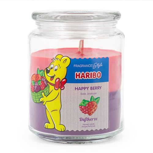 Haribo Duftkerze im Glas mit Deckel | Happy Berry | Fruchtig | Kerze mit langer Brenndauer (100h) | 2 Schichten Kerze im Glas | Groß (510g)