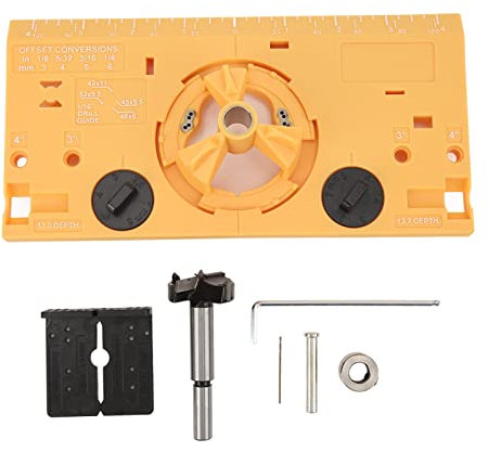35mm Hinge Jig, Hole Guide Woodworking Tool with Cutter and 1/16in Bit, Drilling Hole Puncher Hinge Jig, Drilling Guide Locator for Kitchen Cabinet Doors Hinge Mounting (Yellow)