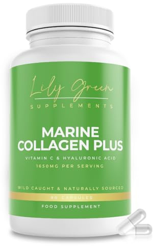 Lily Green High Strength Marine Collagen Capsules with Hyaluronic Acid & Vitamin C | 1650mg per Serving Marine Collagen Supplements for Women & Men | 90 Capsules | Made in UK
