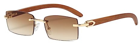 Junsika Randlose Rechteckige Holz Sonnenbrille für Herren und Damen Klassische Retro Holz Braun Sonnenbrille UV400 Schutz