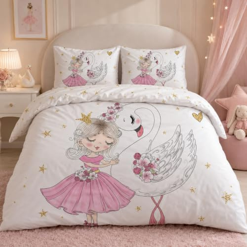 Linfye Housse de Couette 140x200 Fille Cygne Réversible Parure de Lit