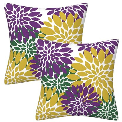 AHAHM Purple Yellow Green Dahlia Floral Throw Pillows Farmhouse Decorative Throw Pillow Case Indoor Outdoor Cushion Cover St. Patrick's Day Pillowcase for Couch Living Room 18 x 18 Inch Set of 2