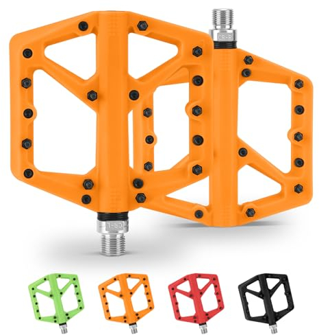 KOMCLUB Pedali per Mountain Bike, Pedali Antiscivolo per Mountain Bike, in Fibra di Nylon, 9/16, Pedali Leggeri e Larghi, Piatti, per Mountain Bike, BMX MTB (Arancione)