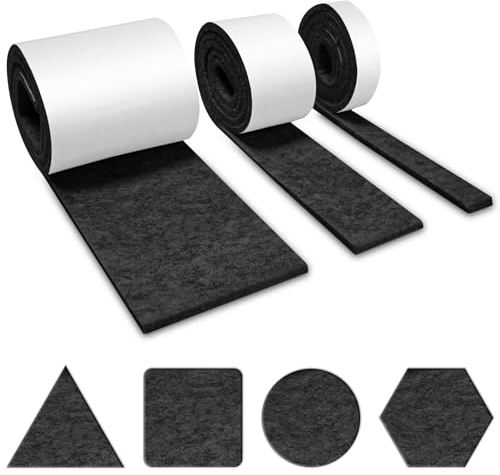 Brevanza 3 Rotoli Feltro Adesivo (100cmx10cm, 100cmx5cm, 100cmx2cm), Feltrini per Sedie, Feltrino per Sedie, Rotolo Adesivo per Mobili, Feltri Antiscivolo Nero Taglio Libero in Qualsiasi Forma