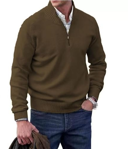Suéter básico de cachemira con cremallera para hombre, suéter de punto casual de manga larga, suéter de punto sólido, café, XXXXXL