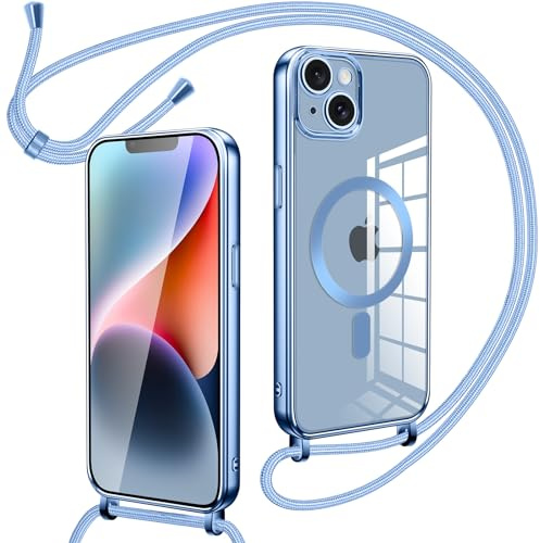 Oelrstfe Magnetische handyband mit Band für iPhone 13 Hülle - Necklace HandyHülle Transparente zum Umhängen mit justierbarer und Abnehmbarer Kette, Crossbody Magnet Clear Cover - Blau
