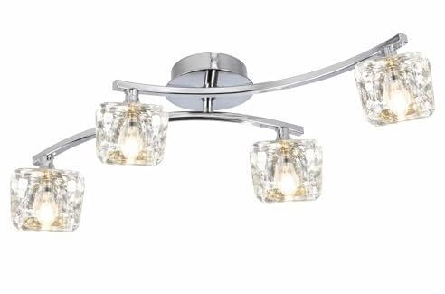 UKEW Crystal Semi Flush Ceiling Lights - 4 Way Chrome Silver Ceiling Light Fixture with Diamond Cut Glass Shades for Living Room Kitchen Bedroom