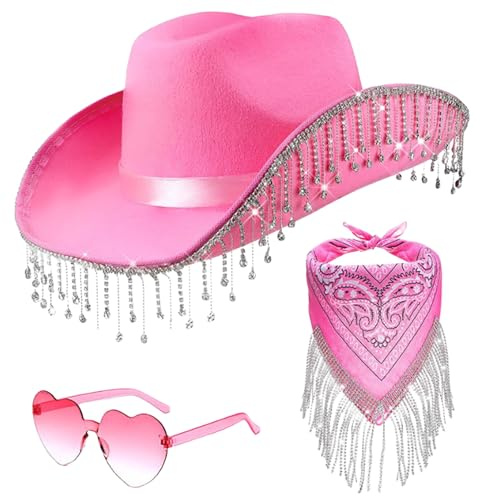 HUNYA Cowgirl Hut und Schal Set mit Herzbrille und Strassquasten - Rosa - Damen - Cowgirl Kostüm - Karnevalszubehör