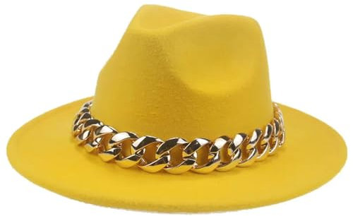 SOYNIA Fedora Trilby Filzhut Hut Damen-Hut Breite Krempe Dicke Goldkette Fascinator-Hüte Für Herren Und Damen Panama-Cowboyhut 60–62 cm (XL) Gelb