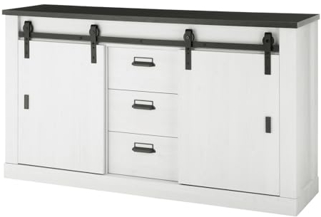 Sideboard Büroschrank in weiß Pinie und schwarz/anthrazit Aktenschrank Ordner-Kommode für Büro und Homeoffice 162 x 91 cm Stove (Sideboard)