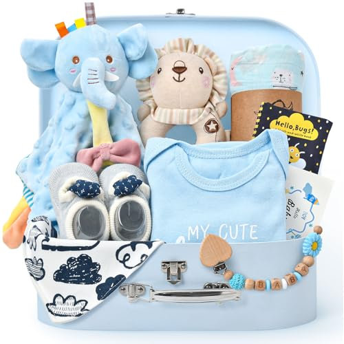 Baby Geschenk Jungen Mädchen Neugeborenen Geschenke zur Geburt mit Schmusetuch/Baby Strampler/Socken/Musselin Decke/Rassel Windeltorte Geschenkbox Baby Shower Party Gender Reveal Geschenk (Blau)